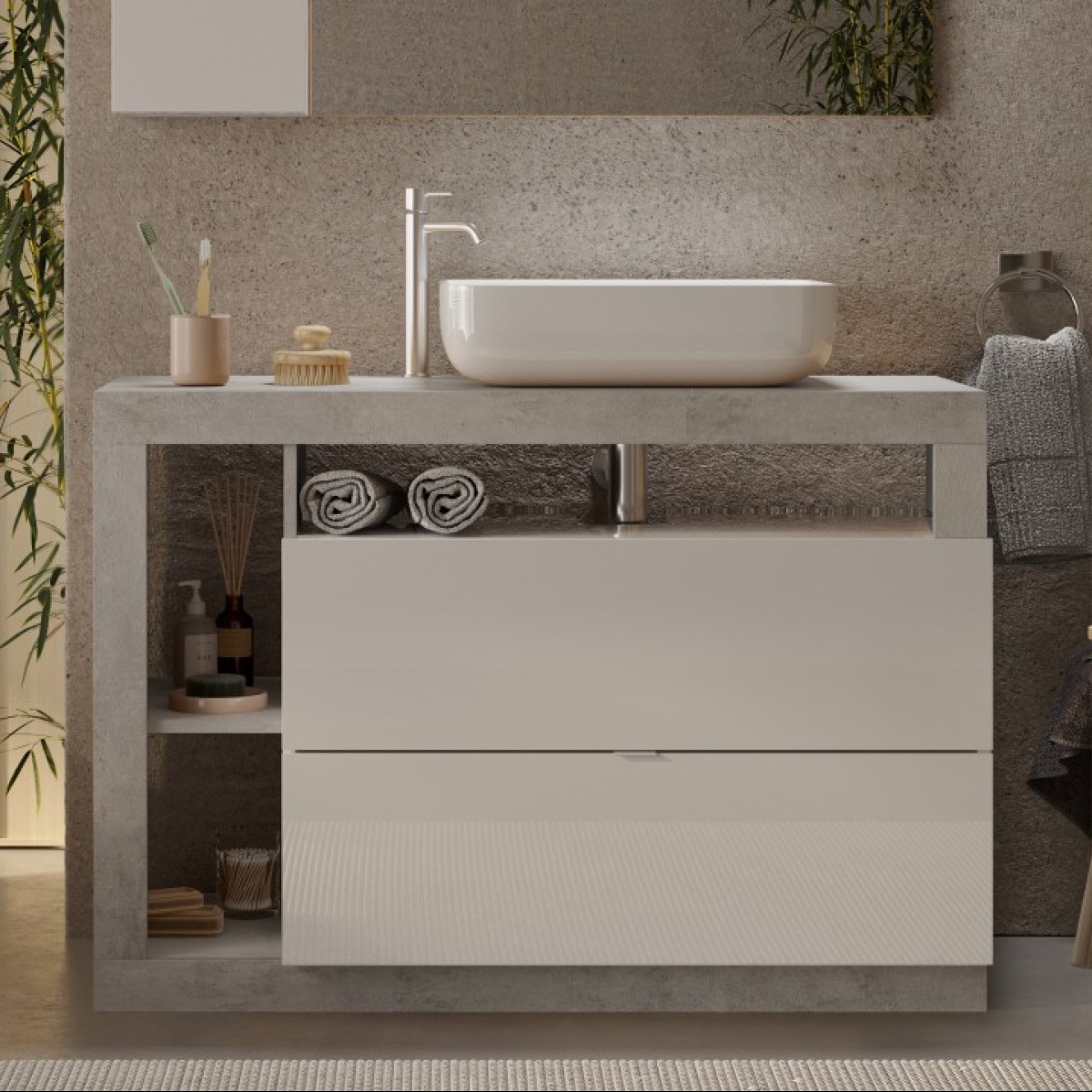 Meuble salle de bain couleur gris béton et blanc + vasque L 110cm GAMA