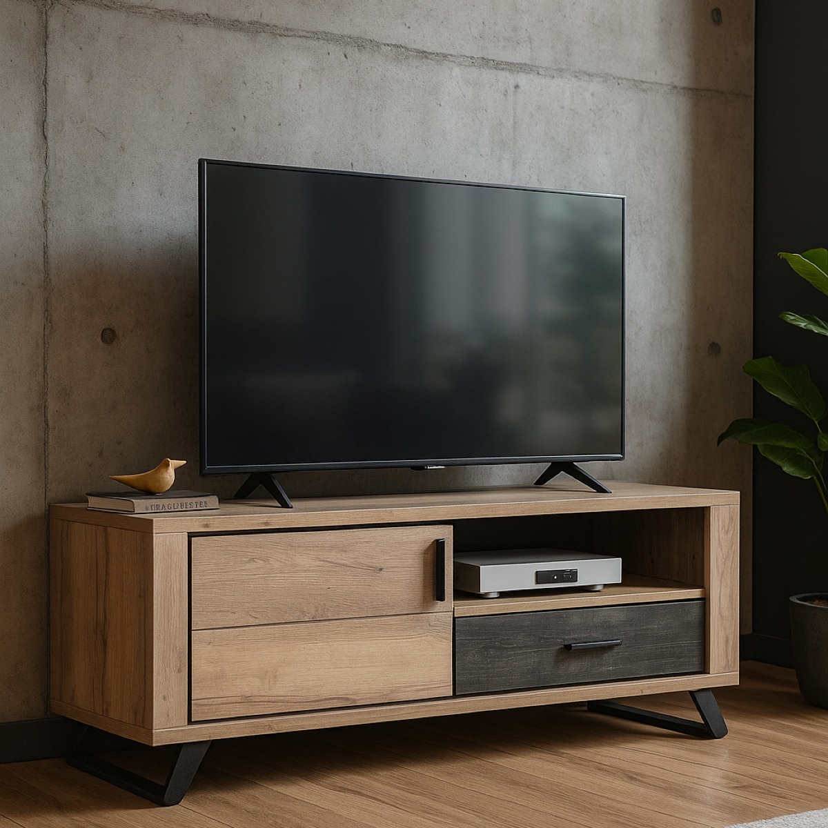 Meuble TV contemporain 2 portes 1 tiroir avec LED 143cm PERO