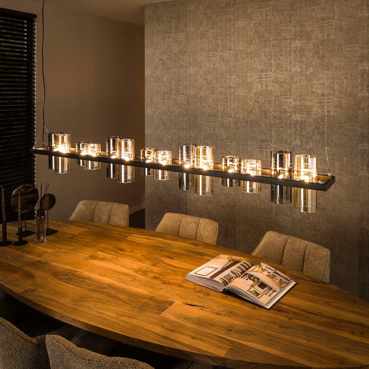 Suspension en verre ambré et chromé 14 lampes CLASSY