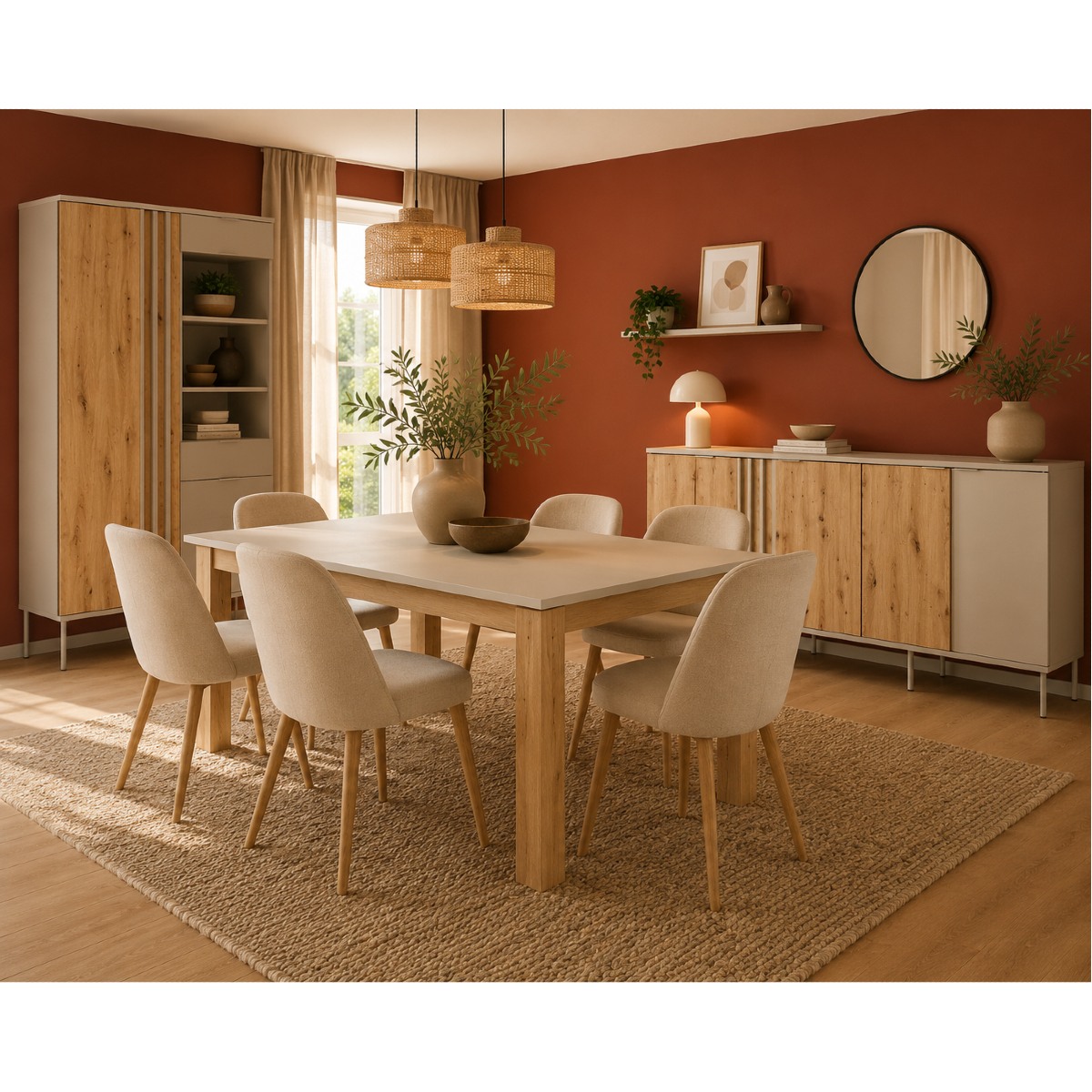 Salle à manger complète beige cachemire et bois avec vitrine buffet et table