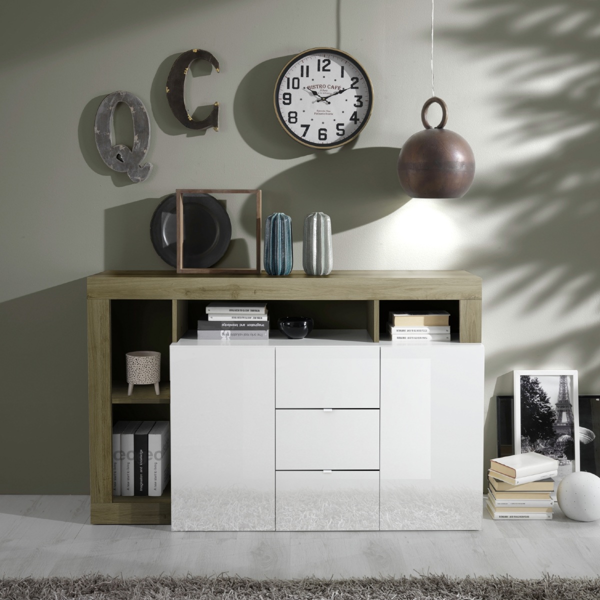 Buffet laqué blanc et chêne naturel 2 portes-3 tiroirs GAMA