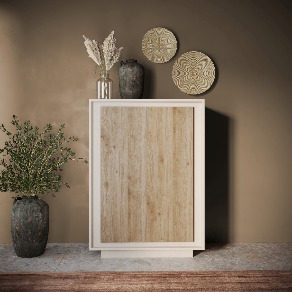 Argentier-bar contemporain beige et chêne clair YORI