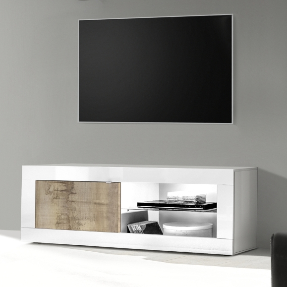 Meuble TV 1 porte - 2 niches blanc et bois 140cm CALIA