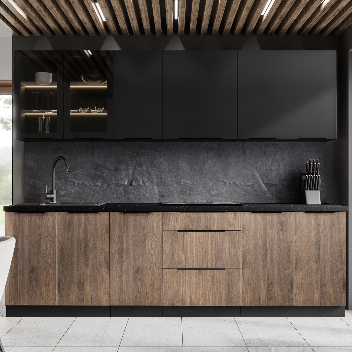 Cuisine complète moderne bois et noir 260cm MAO