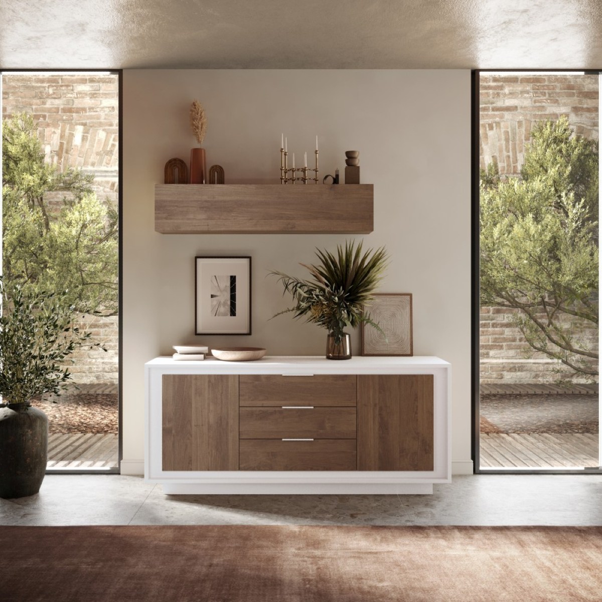 Buffet bas blanc et noyer 2 portes-3 tiroirs 180cm YORI