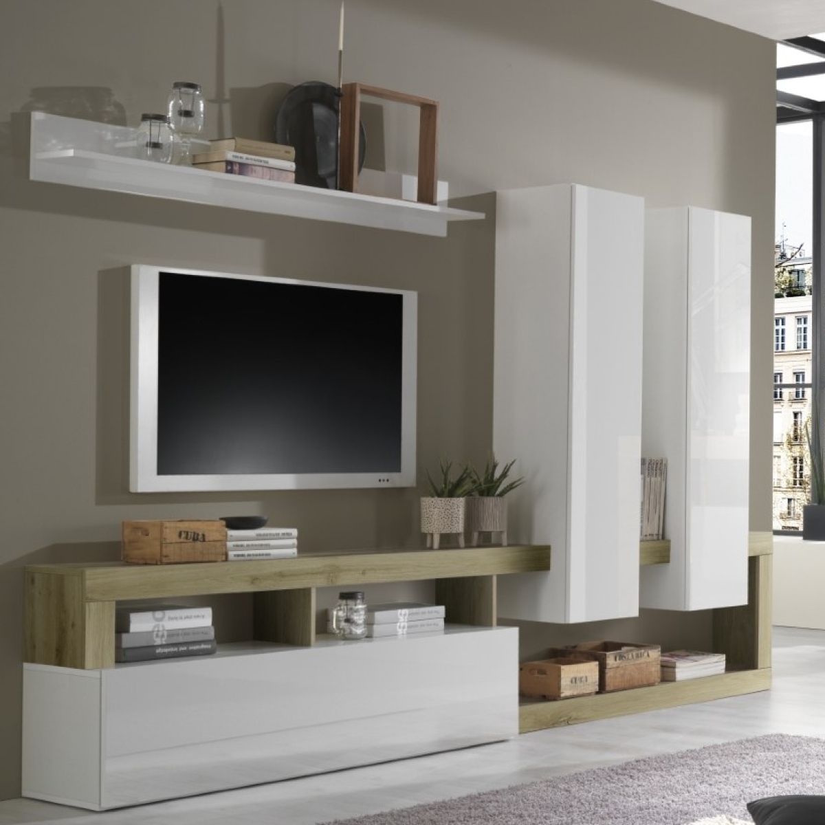 Ensemble tv mural laqué blanc et bois naturel 280cm GAMA