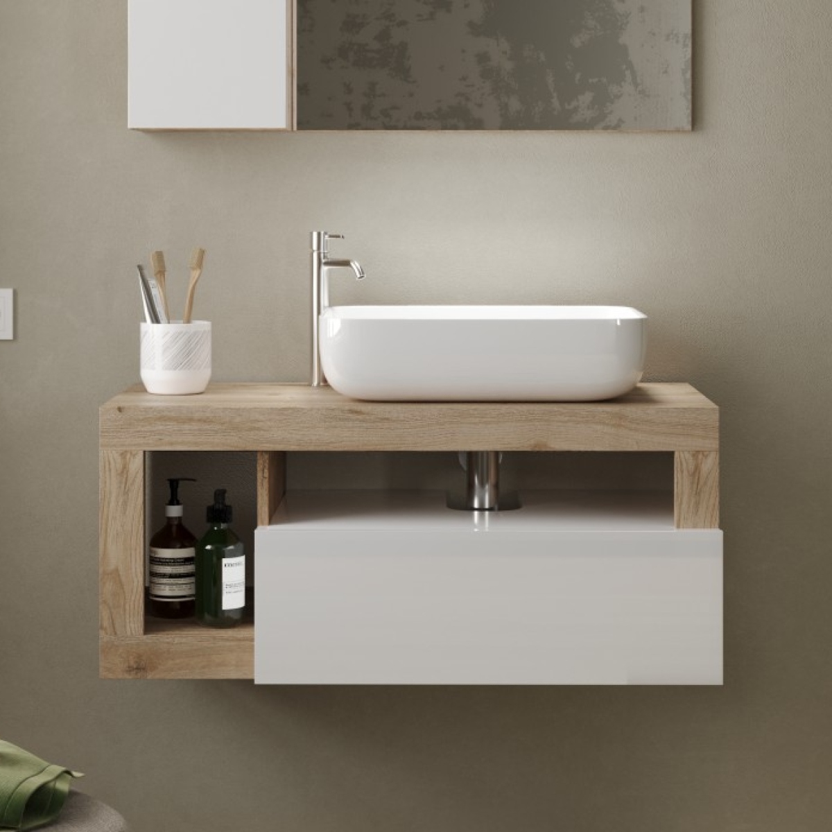 Meuble suspendu salle de bain coloris chêne et blanc L 90cm GAMA