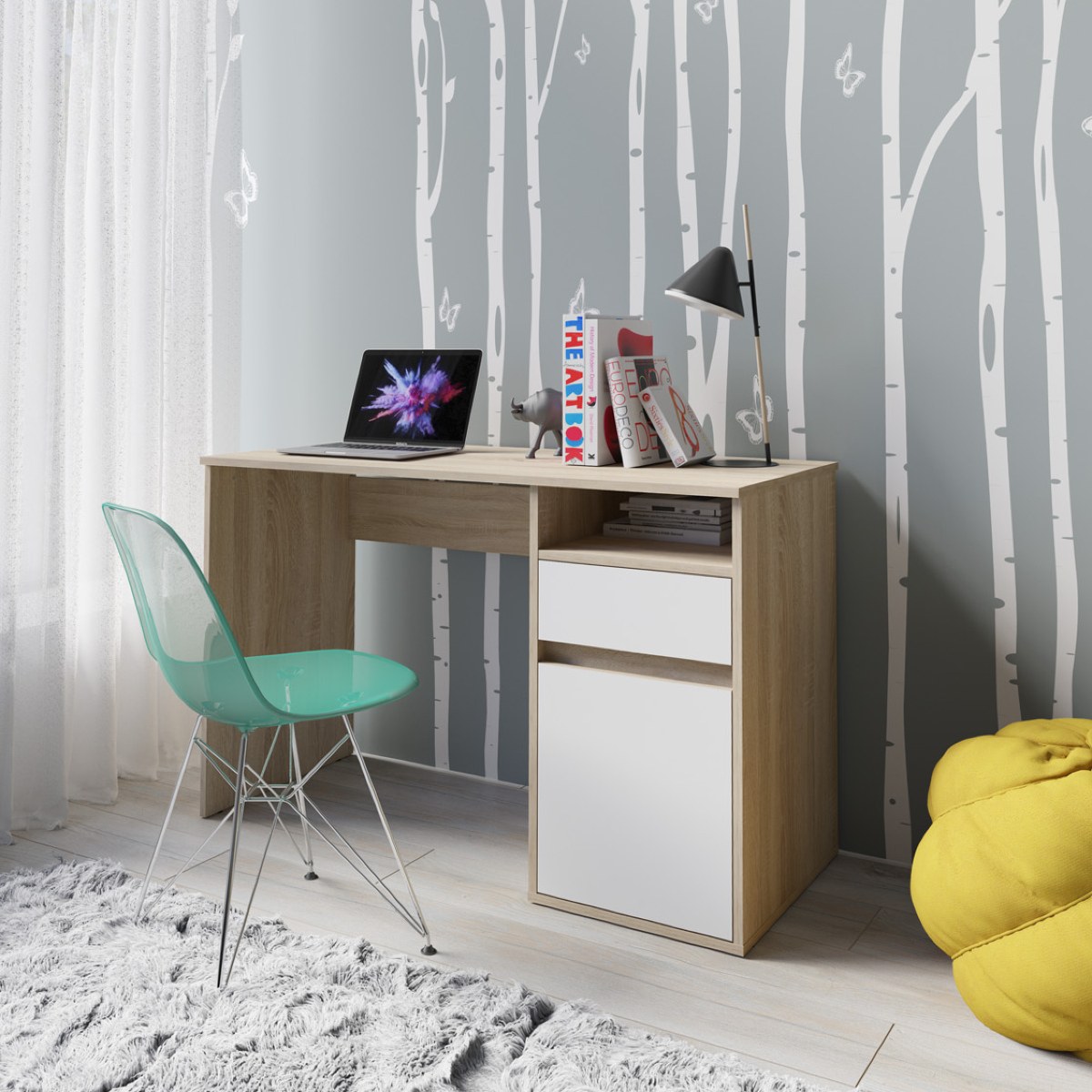 Bureau moderne bois et blanc 120cm avec rangement ALBI